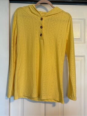 Amazon Yellow Hooded Eyelet Knit Long Sleeve Top